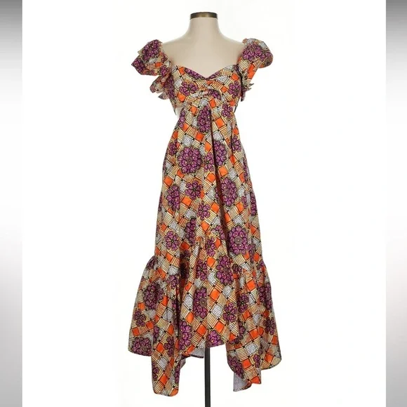 Autumn Adeigbo Chioma Floral Cutout Midi Dress Purple Orange Tiered Ruffle Dress - Picture 7 of 15